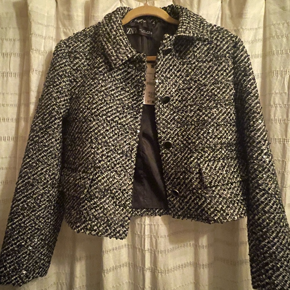 Zara Women's Black and White Textured Blazer